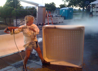 helen cleaning up after pressing