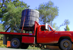 A cousin of the delivery vehicle, shown
          returning the fermtation vessel of the 2002 scheria to its owner